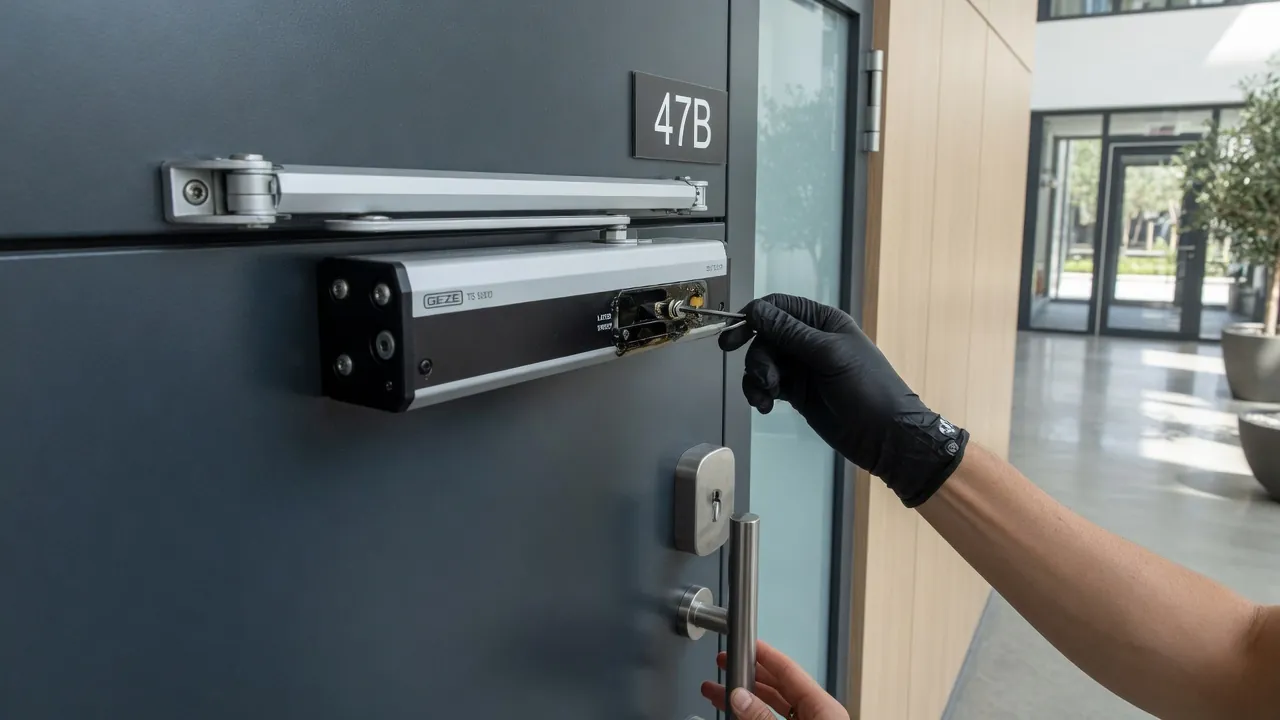 Tecnico che regola un chiudiporta moderno su porta d'ingresso antracite di un condominio contemporaneo