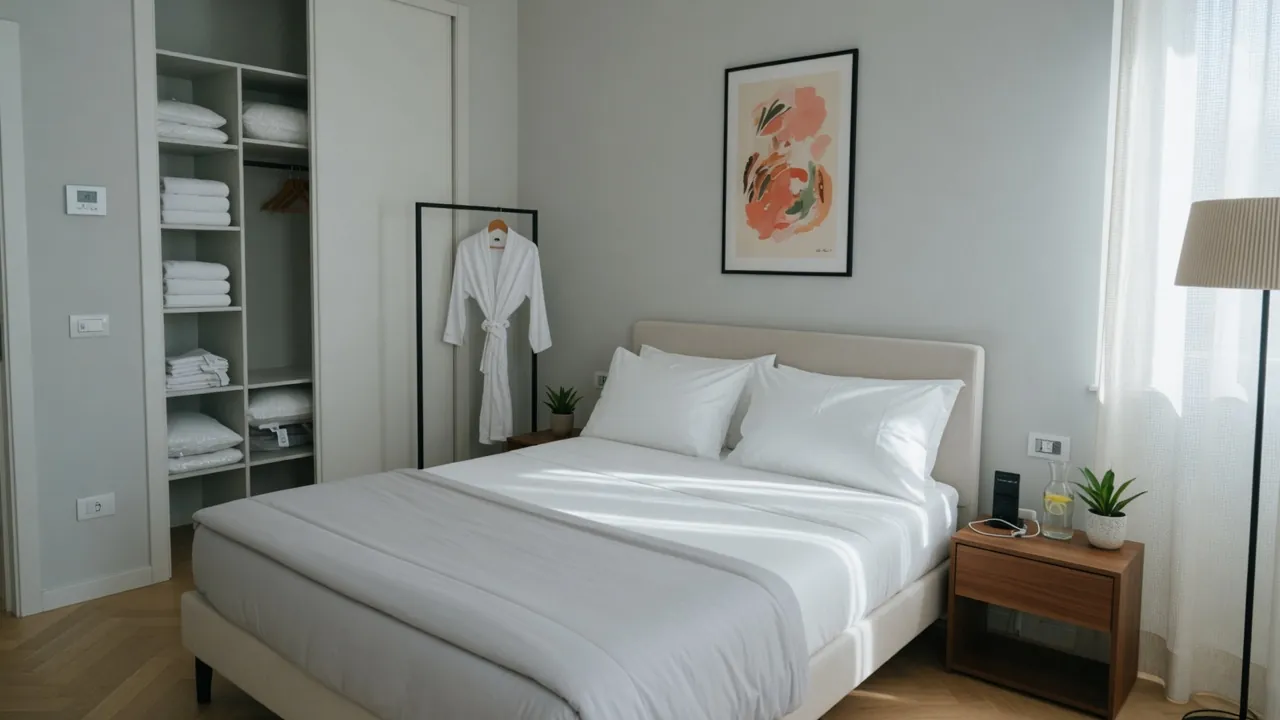 Camera moderna di affittacamere con letto rifatto, armadio a muro, biancheria ordinata e luce naturale