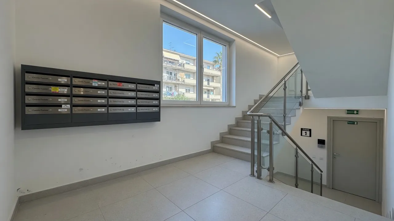 Androne condominiale moderno con cassette postali a parete, scale in gres, ringhiera in vetro e acciaio e illuminazione LED