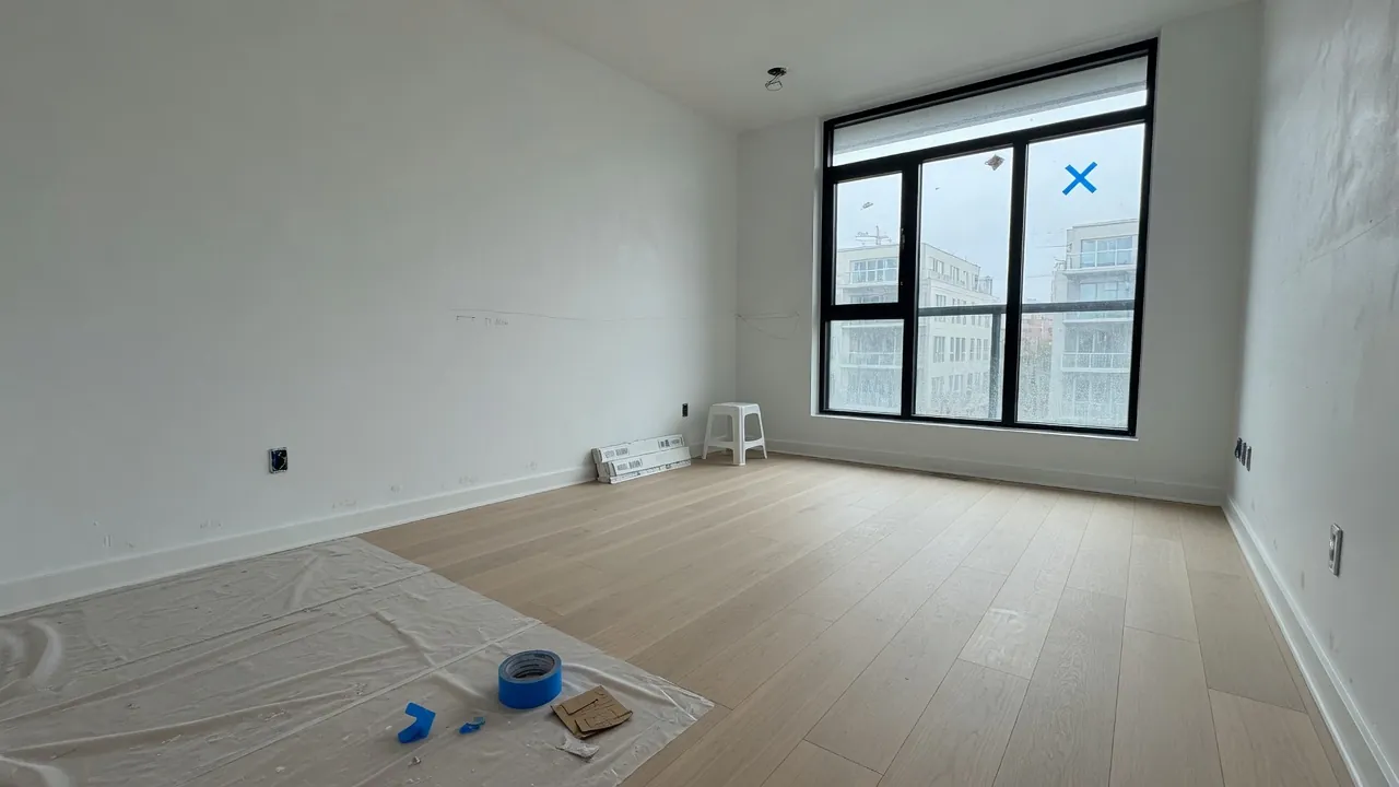 Appartamento moderno a fine ristrutturazione con pavimento in legno chiaro, finestra a taglio termico e teli di protezione