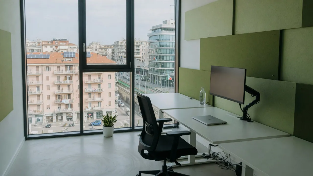 Ufficio moderno con scrivania regolabile, sedia ergonomica, monitor su braccio e vetrata su skyline urbano italiano